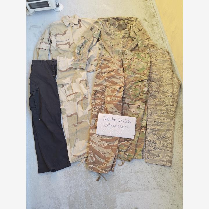 BDU vaatteita (Multicam, DCU, D-Tigerstripe, ABU, musta)
