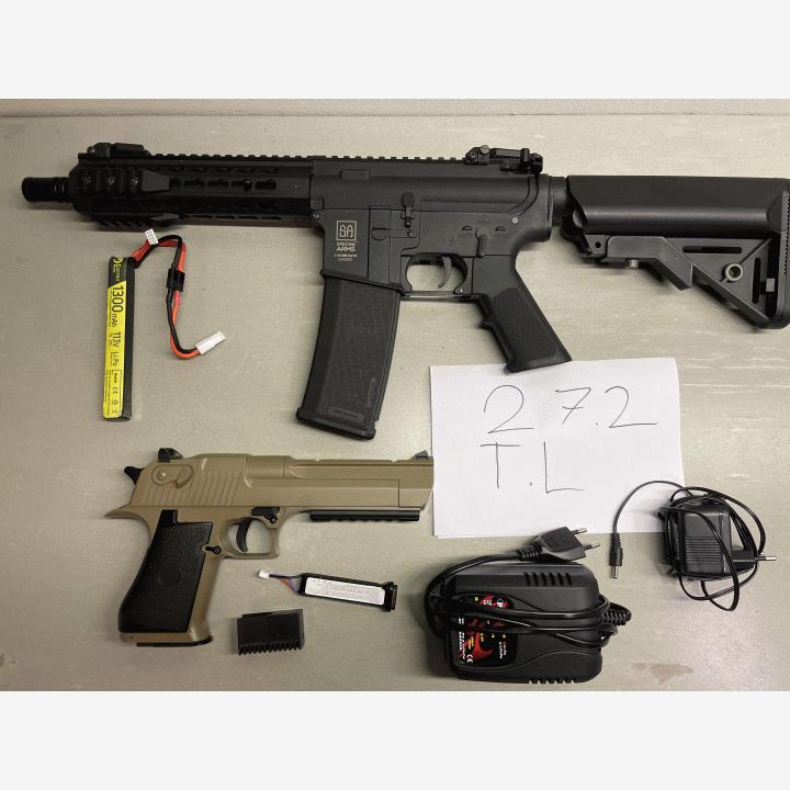 Kivääri ja pistooli akkuineen