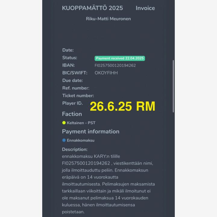 Kuoppamättö 2025 lippu (kelt. PST)